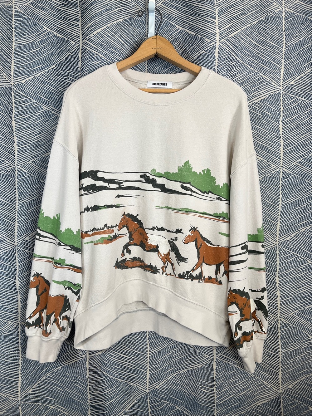 Daydreamer Cream Sweatshirt with Brown Horse Graphic and Green Landscape S